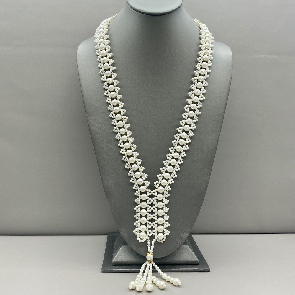 Faux Pearl Beaded Tassel Lariat Necklace Women White Vintage Style Woven Strand